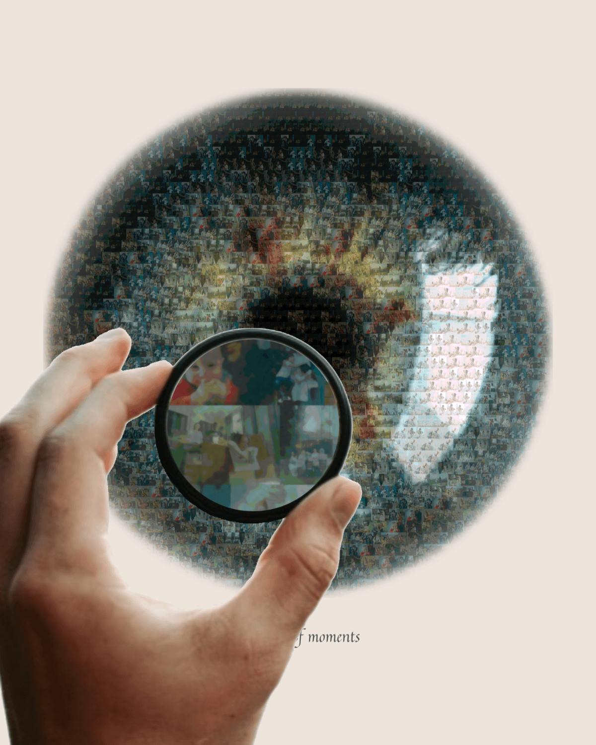 Close-up detail showing source photo mosaic tiles through a magnifying glass.