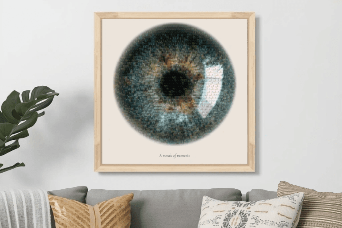 Finished iris mosaic print presented as framed wall art.
