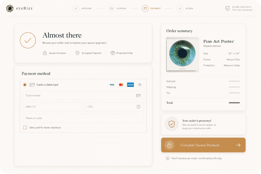 Secure checkout interface for a personalized iris mosaic print.